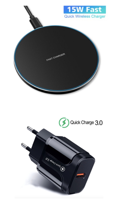 Incarcator wireless fast charge , QUANDES, Aluminum Ultra Slim 15W, Black , +Incarcator FAST Chargers 18w /3.0