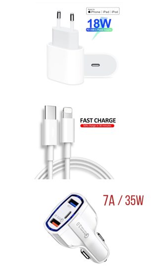 Imagine Set ,Incarcator Fast Charge  APPLE  18W pentru iPhone 11pro,11 Pro Max +Cablu de date fast charge 1m Type-C-Lightning + Adaptor fast auto 7A