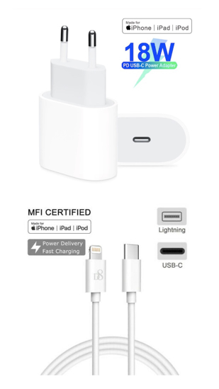 Imagine Set ,Incarcator Fast Charge APPLE  18W pentru iPhone 11pro,11 Pro Max +Cablu de date fast charge 1m Type-C-Lightning