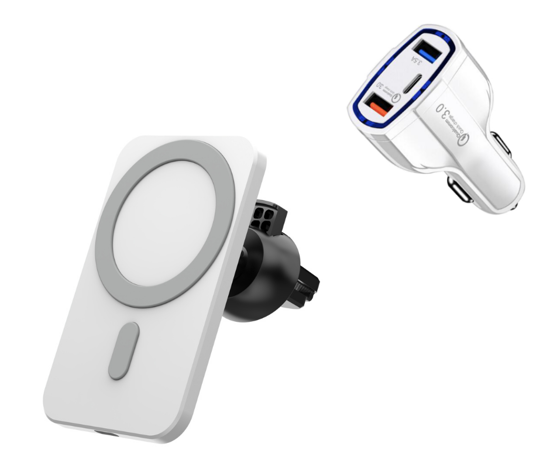 Imagine Set Incarcator magnetic wireless car charger alb, pentru iPhone 12/12 Pro/12 Pro Max/12 Mini, plus incarcator auto 7A