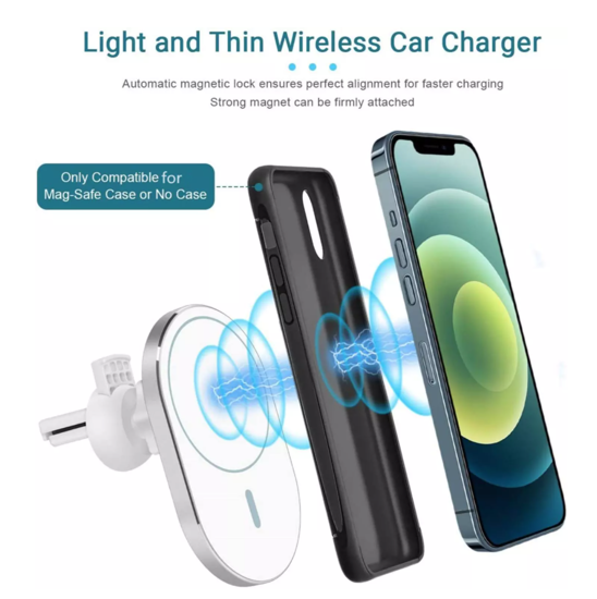 Poza cu Set Incarcator magnetic wireless car charger alb, pentru iPhone 12/12 Pro/12 Pro Max/12 Mini, plus incarcator auto 7A ,X16
