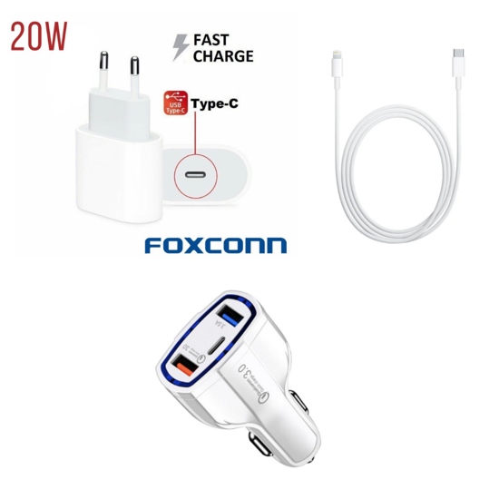 Imagine Set ,Incarcator Fast Charge APPLE  20W pentru iPhone 12,12pro,12 Pro Max +Cablu de date fast charge 2m Type-C-Lightning + Adaptor fast auto 7A