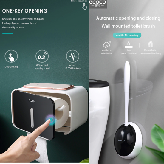 Poza cu Set Perie silicon pentru toaleta cu suport hartie igienica cu raft de depozitare dispenser