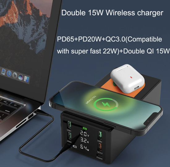 Poza cu 150W, 8 in 1 incarcator USB PD cu 6 porturi si incarcator dublu wireless de 15 W ,Afisaj LED Statie de incarcare ,Negru