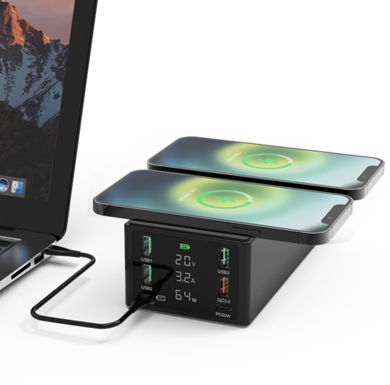 Poza cu 150W, 8 in 1 incarcator USB PD cu 6 porturi si incarcator dublu wireless de 15 W ,Afisaj LED Statie de incarcare ,Negru