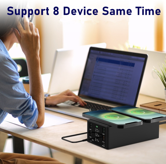 Poza cu 150W, 8 in 1 incarcator USB PD cu 6 porturi si incarcator dublu wireless de 15 W ,Afisaj LED Statie de incarcare ,Negru