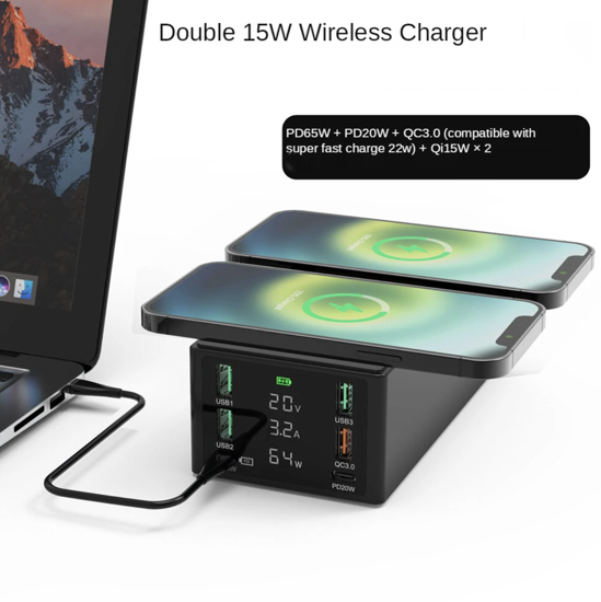 Poza cu 150W, 8 in 1 incarcator USB PD cu 6 porturi si incarcator dublu wireless de 15 W ,Afisaj LED Statie de incarcare ,Negru
