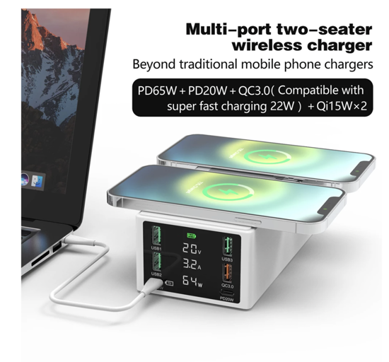 Poza cu 150W, 8 in 1 incarcator USB PD cu 6 porturi si incarcator dublu wireless de 15 W ,Afisaj LED Statie de incarcare ,Alb