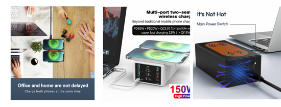 Poza cu 150W, 8 in 1 incarcator USB PD cu 6 porturi si incarcator dublu wireless de 15 W ,Afisaj LED Statie de incarcare ,Negru