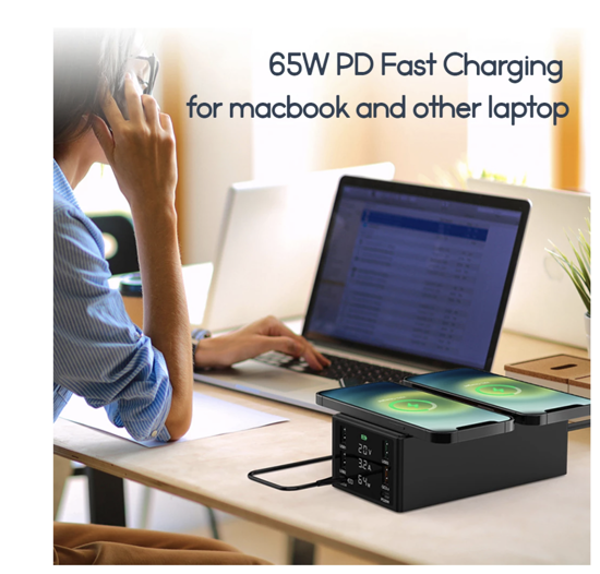 Poza cu 150W, 8 in 1 incarcator USB PD cu 6 porturi si incarcator dublu wireless de 15 W ,Afisaj LED Statie de incarcare ,Alb