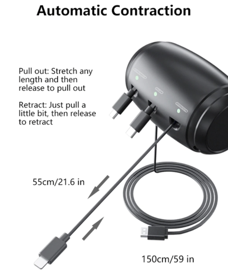 Poza cu Incarcator de masina  3 in 1 cu cablu retractabil,pentru pasagerii din spate  pentru telefoane universale iphone,samsung,android