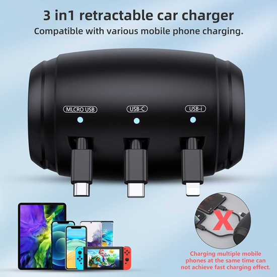 Poza cu Incarcator de masina  3 in 1 cu cablu retractabil,pentru pasagerii din spate  pentru telefoane universale iphone,samsung,android