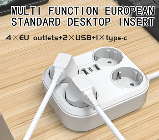 Poza cu Prelungitor 4000W max 16A cu 4 prize electrice, 2 prize USB, Type C, 1,8 m