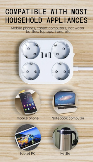 Poza cu Prelungitor 4000W max 16A cu 4 prize electrice, 2 prize USB, Type C, 1,8 m