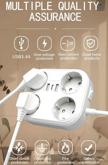 Poza cu Prelungitor 4000W max 16A cu 4 prize electrice, 2 prize USB, Type C, 1,8 m