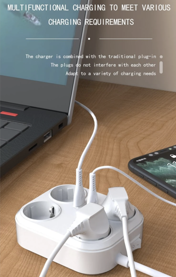 Poza cu Prelungitor 4000W max 16A cu 4 prize electrice, 2 prize USB, Type C, 1,8 m