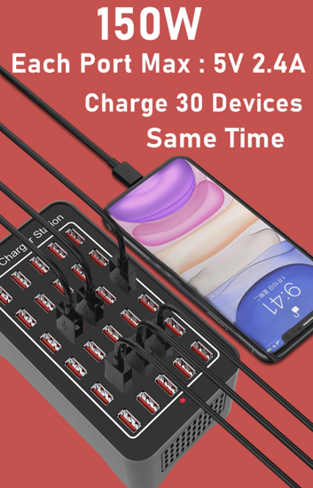 Poza cu Statie de incarcare 150W Smart cu 30 porturi USB 5V 30A si ventilator