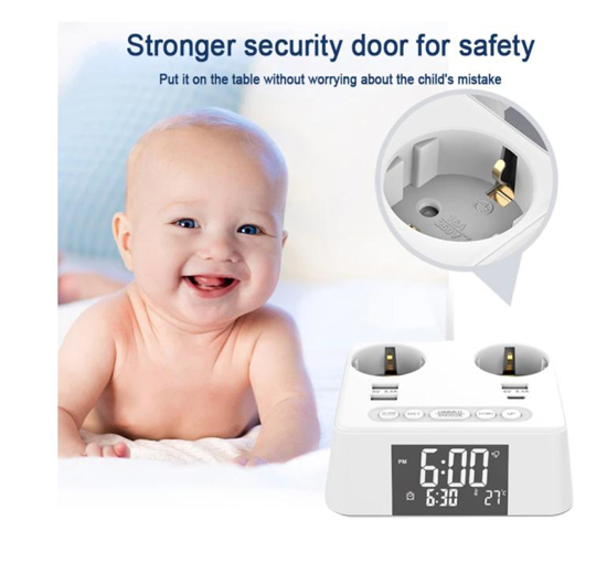 Poza cu 2500W 6in1, 2 cablu prelungitor de priza, 4 prize USB cu tip C, ceas, alarma, functie de afisare a temperaturii