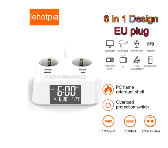 Poza cu 2500W 6in1, 2 cablu prelungitor de priza, 4 prize USB cu tip C, ceas, alarma, functie de afisare a temperaturii