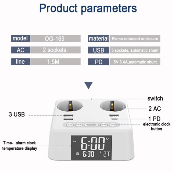 Poza cu 2500W 6in1, 2 cablu prelungitor de priza, 4 prize USB cu tip C, ceas, alarma, functie de afisare a temperaturii