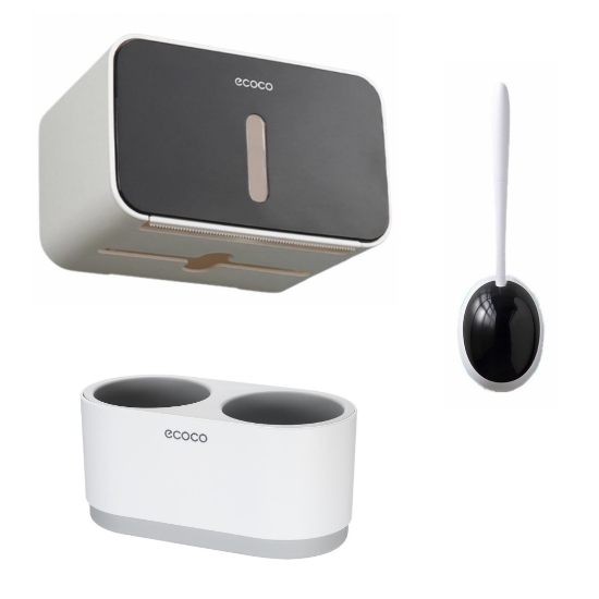 Poza cu Set suport hartie igienica cu raft de depozitare dispenser, Perie silicon pentru toaleta, Suport Pentru Uscator De Par Montat Pe Perete