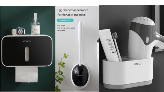 Poza cu Set suport hartie igienica cu raft de depozitare dispenser, Perie silicon pentru toaleta, Suport Pentru Uscator De Par Montat Pe Perete