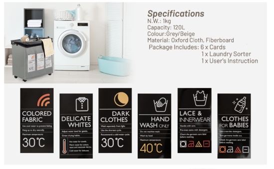 Poza cu Cos de rufe cu 3 compartimente, deluxe, 52 x 46 x 26 cm, Gri, 120L