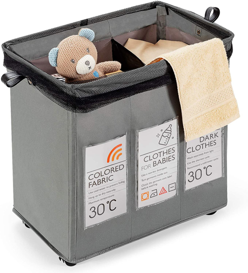 Poza cu Cos de rufe cu 3 compartimente, deluxe, 52 x 46 x 26 cm, Gri, 120L