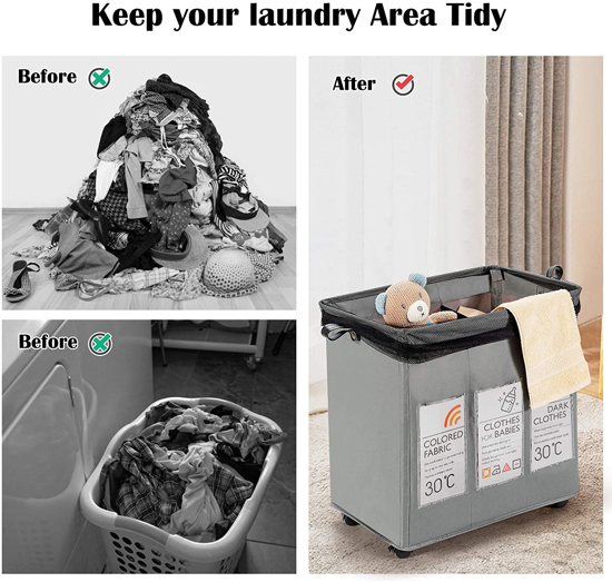 Poza cu Cos de rufe cu 3 compartimente, deluxe, 52 x 46 x 26 cm, Gri, 120L