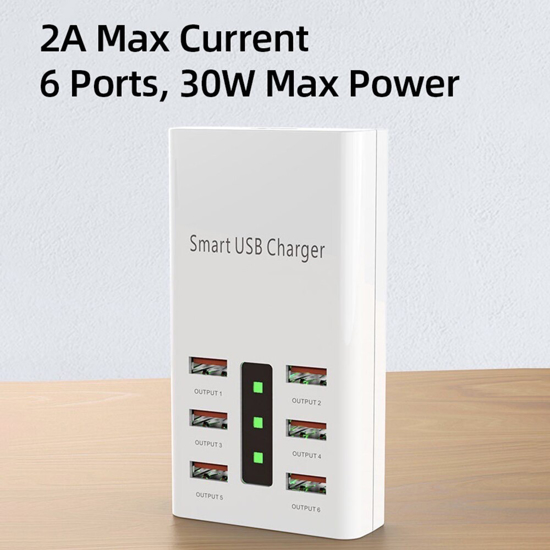 Poza cu Incarcator USB universal cu 6 porturi smart usb fast charge, 30W, 6A, 1,5 m