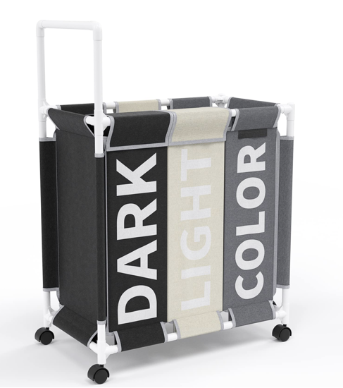 Poza cu Cos pentru rufe cu roti QUANDEXL, din material textil, 3 compartimente, Negru, Alb, Gri, 90,4 X 60,9 X 35,5 cm, 160l