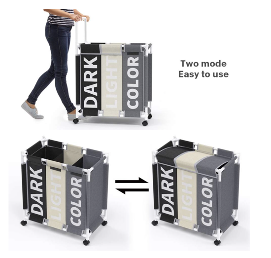 Poza cu Cos pentru rufe cu roti QUANDEXL, din material textil, 3 compartimente, Negru, Alb, Gri, 90,4 X 60,9 X 35,5 cm, 160l