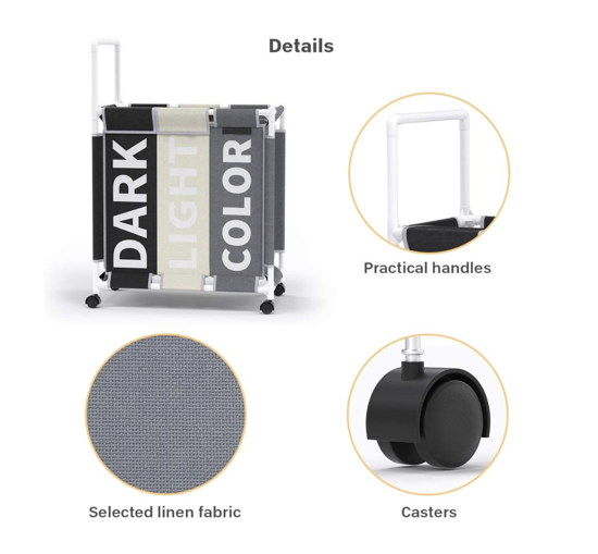 Poza cu Cos pentru rufe cu roti QUANDEXL, din material textil, 3 compartimente, Negru, Alb, Gri, 90,4 X 60,9 X 35,5 cm, 160l