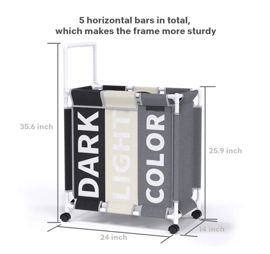 Poza cu Cos pentru rufe cu roti QUANDEXL, din material textil, 3 compartimente, Negru, Alb, Gri, 90,4 X 60,9 X 35,5 cm, 160l