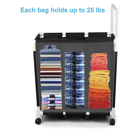 Poza cu Cos pentru rufe cu roti QUANDEXL, din material textil, 3 compartimente, Negru, Alb, Gri, 90,4 X 60,9 X 35,5 cm, 160l