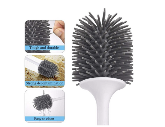 Poza cu Set Perie de silicon pentru toaleta cu suport din plastic, ECOCOXS, include manusi, Alb, negru