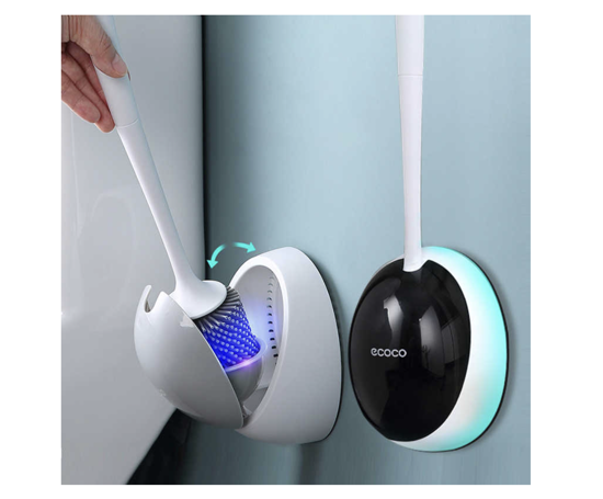 Poza cu Set Perie de silicon pentru toaleta cu suport din plastic, ECOCOXS, include manusi, Alb, negru