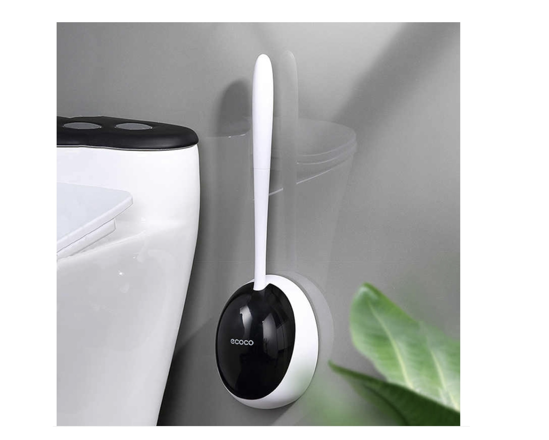 Poza cu Set Perie de silicon pentru toaleta cu suport din plastic, ECOCOXS, include manusi, Alb, negru