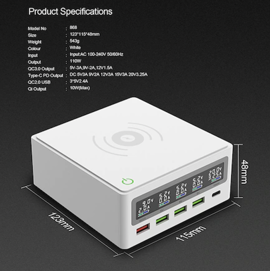 Poza cu Incarcator wireless fast QI incarcator extern multi-port incarcare rapida, Usb-C pd65W, total putere 110w