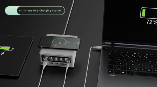 Poza cu Incarcator wireless fast QI incarcator extern multi-port incarcare rapida, Usb-C pd65W, total putere 110w