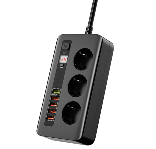 Poza cu Incarcator si priza alimentare 2500W cu 5 porturi USB -A, fast charge 10A, cablu 2m, negru