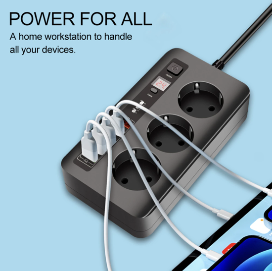 Poza cu Incarcator si priza alimentare 2500W cu 5 porturi USB -A, fast charge 10A, cablu 2m, negru