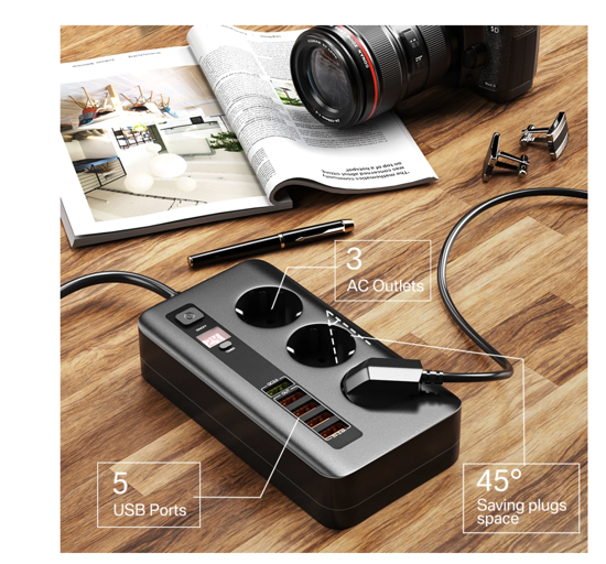 Poza cu Incarcator si priza alimentare 2500W cu 5 porturi USB -A, fast charge 10A, cablu 2m, negru