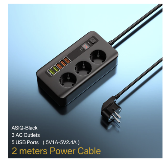 Poza cu Incarcator si priza alimentare 2500W cu 5 porturi USB -A, fast charge 10A, cablu 2m, negru