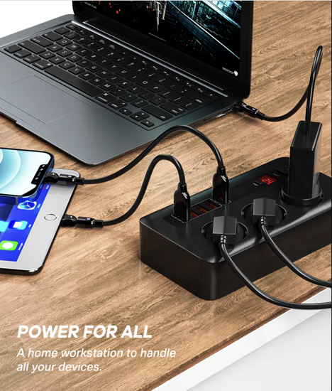 Poza cu Incarcator si priza alimentare 2500W cu 5 porturi USB -A, fast charge 10A, cablu 2m, negru