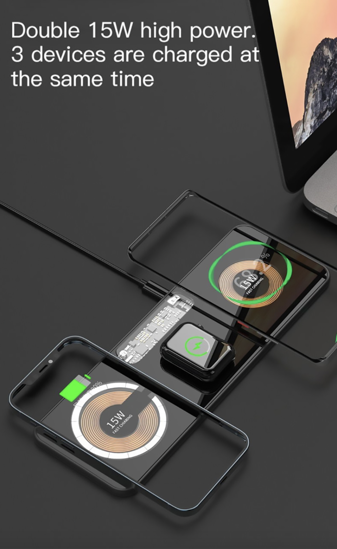 Poza cu Set Incarcator Wireless Magnetic 3 In 1 QUANDE® Qi Fast Charger 15W, Compatibil iPhone /Android, Apple Watch, Airpods