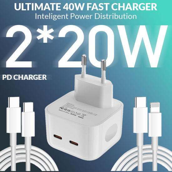 Poza cu Set incarcator 40W Dual USB-C, PD 3.0 pentru iPhone 15, 15pro, 15 ProMax, iPadpro 2019, 1 cablu date c-c, 1 cablu date lighting usb-C, 2m