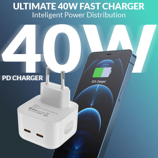 Poza cu Set incarcator 40W Dual USB-C, PD 3.0 pentru iPhone 15, 15pro, 15 ProMax, iPadpro 2019, 1 cablu date c-c, 1 cablu date lighting usb-C, 2m