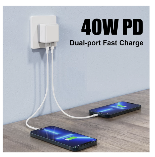 Poza cu Set incarcator 40W Dual USB-C, PD 3.0 pentru iPhone 15, 15pro, 15 ProMax, iPadpro 2019, 1 cablu date c-c, 1 cablu date lighting usb-C, 2m