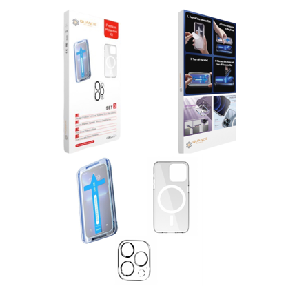 Imagine Set 3 bucati premium protectie kit, Folii sticla compatibil cu iPhone 13 Pro MAX cu Easy Install Kit husa transparenta MagSafe, folie sticla protectie camere spate